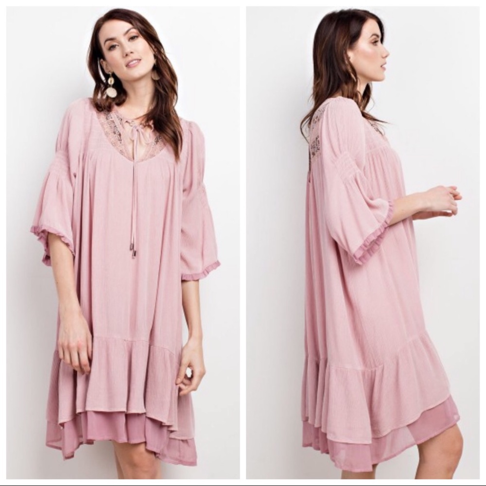 ✴️ FINAL SALE! PINK 3/4 SLEEVE RUFFLED DRESS S M L